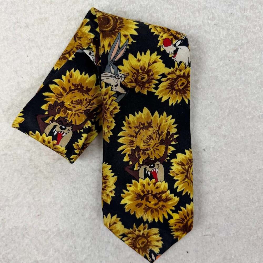 Looney Tunes Mania 1994 Necktie Bugs Bunny Yellow Sunflowers Black Vintage